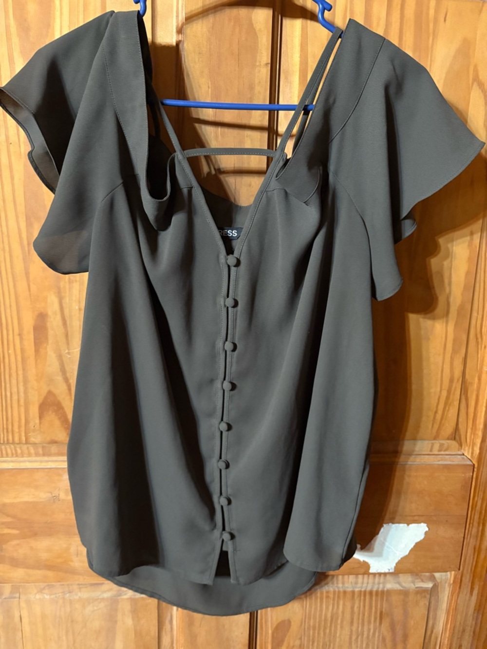 Express Olive Green Button-Front Flutter Sleeve Blouse